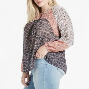 Lucky Brand Sheer Boho Blouse Top Medium Navy Blue Red Henley Button Puff Sleeve